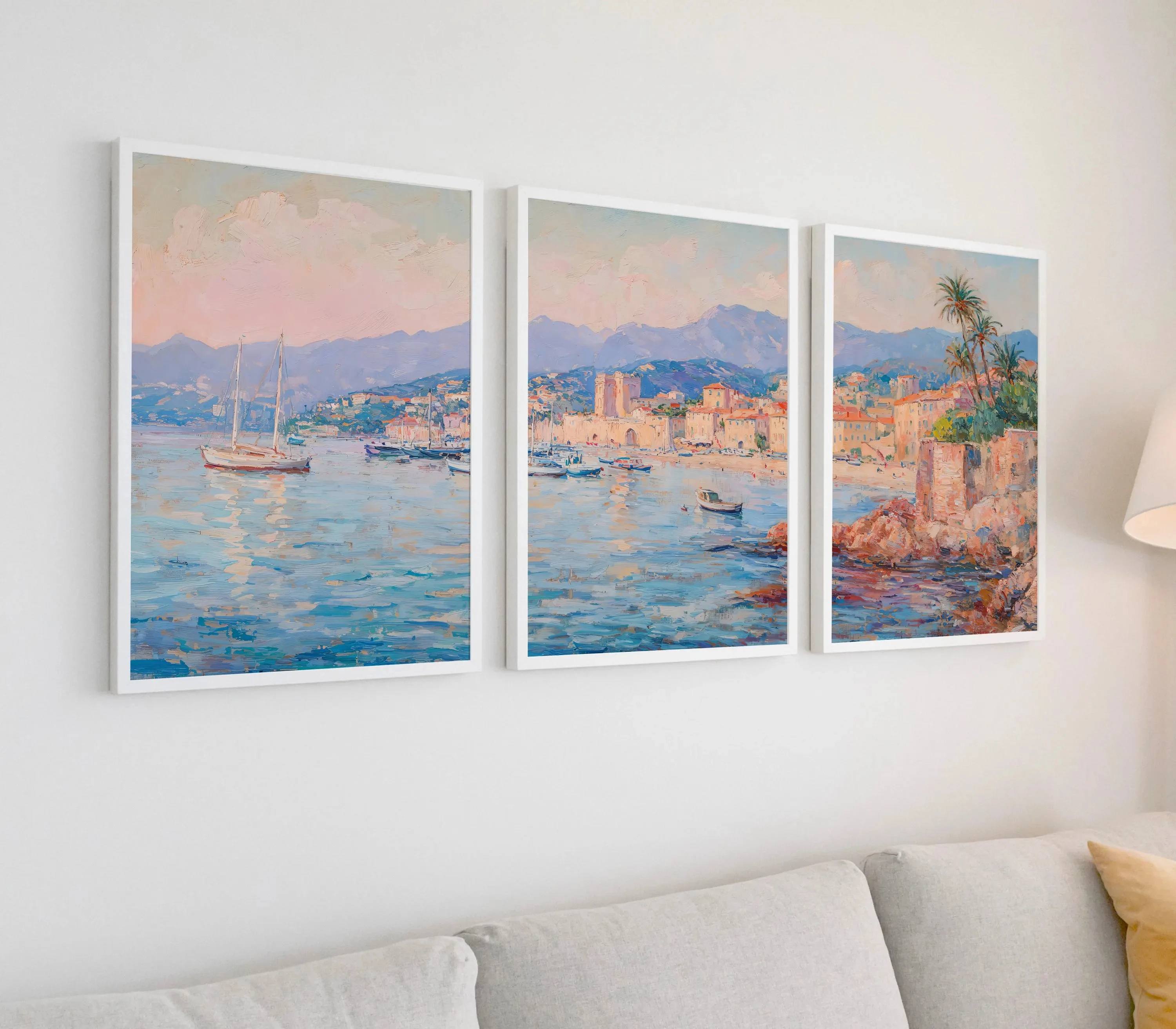 Arte de pared de la Riviera Francesa, decoración para casa de playa, paisaje tropical costero, juego grande de tres impresiones, póster Summer Gallery 839