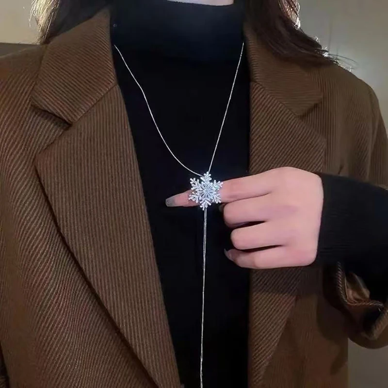 قلادة ندفة الثلج الدورية حجر الراين شرابة قلادة زهرة الثلج قابل للتعديل سلسلة سترة طويلة للنساء مجوهرات #2