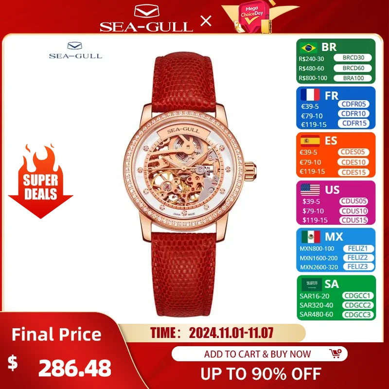 

Seagull Fashion Women's Watch Red Luxury Zircon Skeleton Womens Mechanical Automatic Ladies Wristwatch Montre Femme 719.403LK