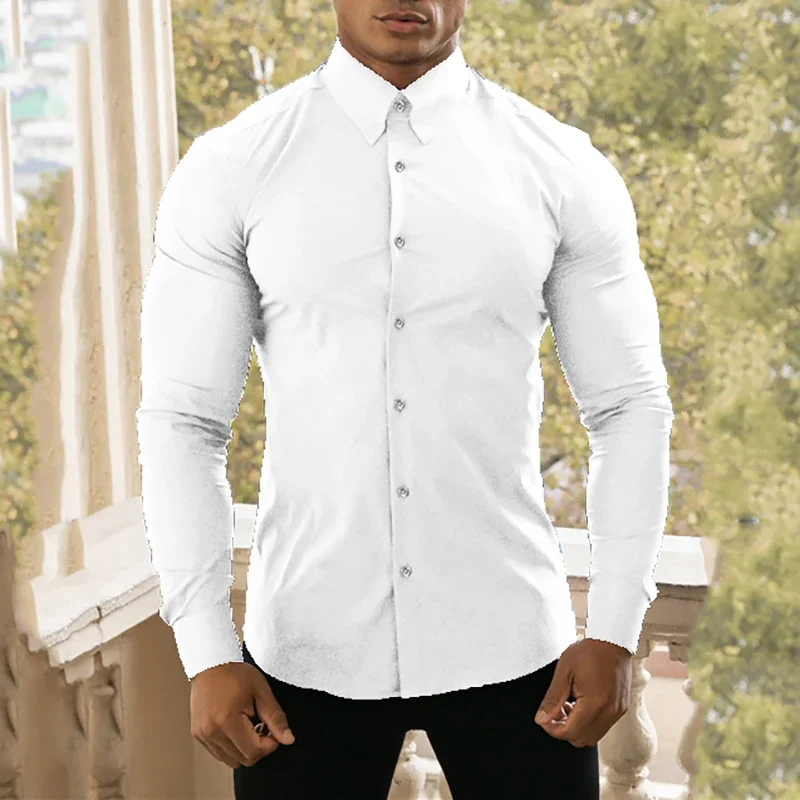 Camisa de vestido de manga comprida masculina, ajuste super fino, luxo, virada para baixo clássica, de peito único, primavera, outono, nova moda