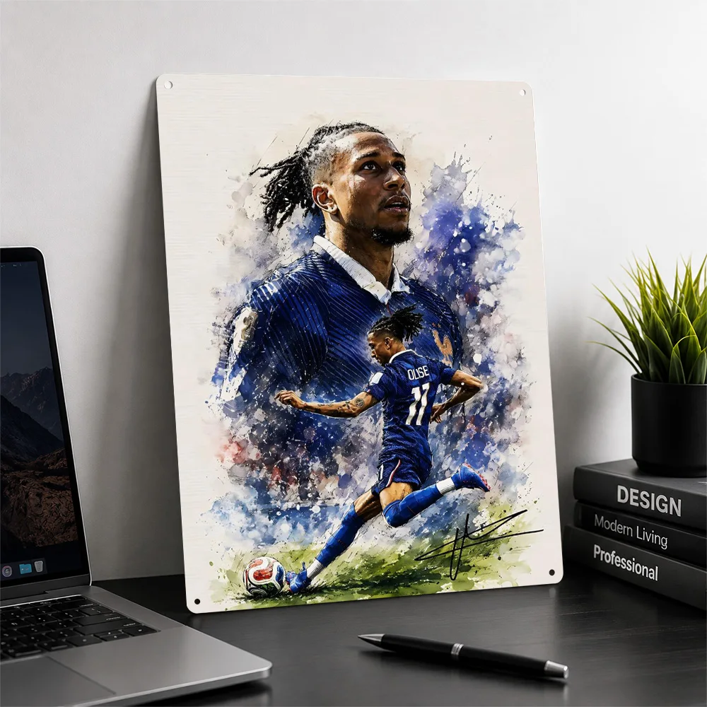 Michael Olise France Soccer Watercolor Portrait 3D Printed Texture Poster Personalized Wall Art Retro Metal Tin Signs for Decor