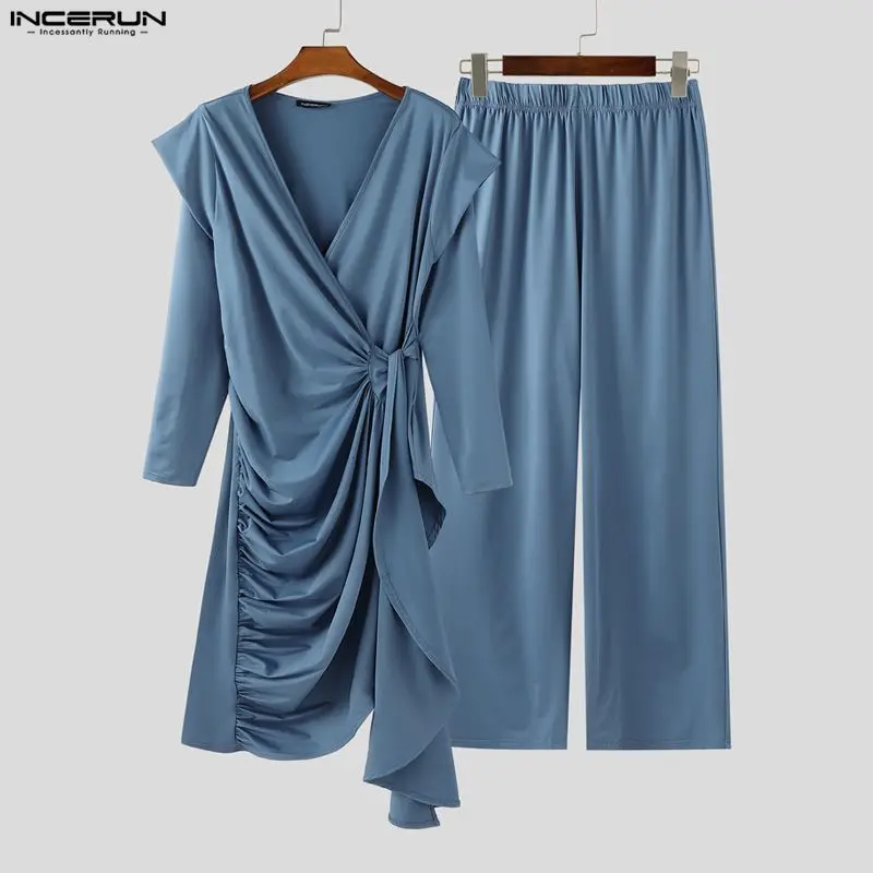 INCERUN مجموعات الرجال الصلبة مطوي الخامس الرقبة طويلة الأكمام نمط طويل قميص وسراويل قطعتين مجموعات الشارع الشهير موضة الرجال الدعاوى غير رسمية