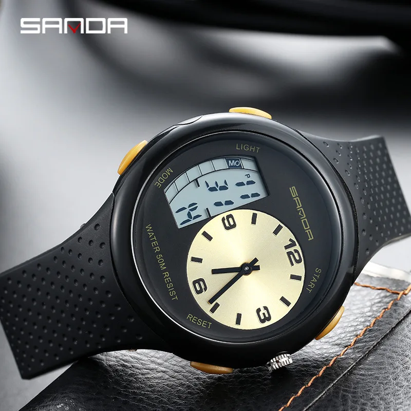 Sanda Dual Display Electronic Watch Japanese Movement 50m Waterproof Night Light Anti Drop Multi functional Sports Watch for Men