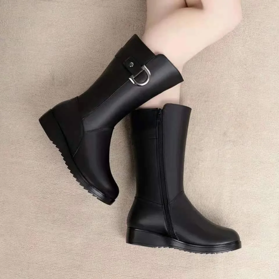 New High Quality Knee High Women\'s Genuine Winter Comfortable Black Warm Long Shoe Snow Boots Flat Bottom Zipper Non-slip Casual