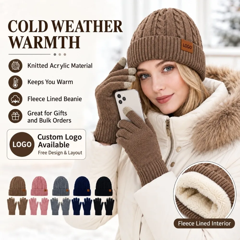 3Pcs/Set Warm Winter Hat Scarf Gloves Set Non Slip Lining Scarf Neck Warmer Suit Thicken Windproof Touchscreen Gloves for Men