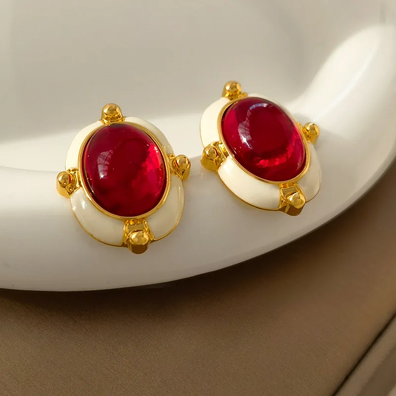Retro Jewelry Red Resin Earrings Elegant Temperament Big Oval Earrings For Women Dropshipping