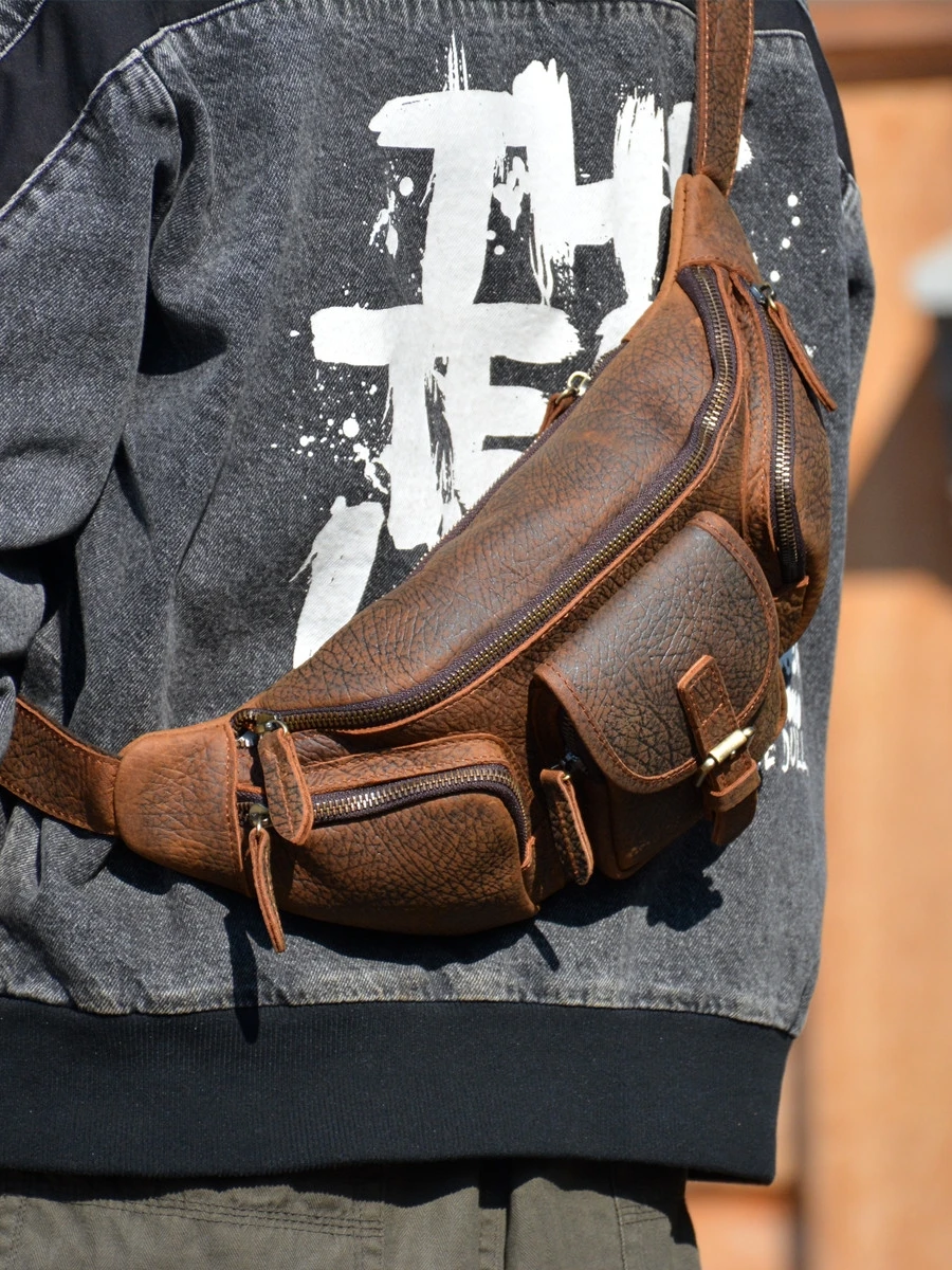 Vintage Biker Style Men's Leather Waist Bag Multi-Functional Chest Bag Faux Leather Backpack Sports Bag Retro Wind Hard 