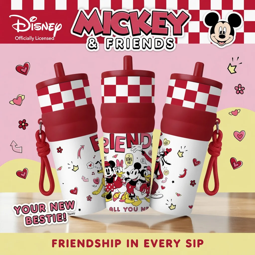 1pc 25oz Disney Mickey & Friends Stainless Steel Tumbler Insulated Travel Mug with Straw Hanging Rope Portable Cup for Outdoor