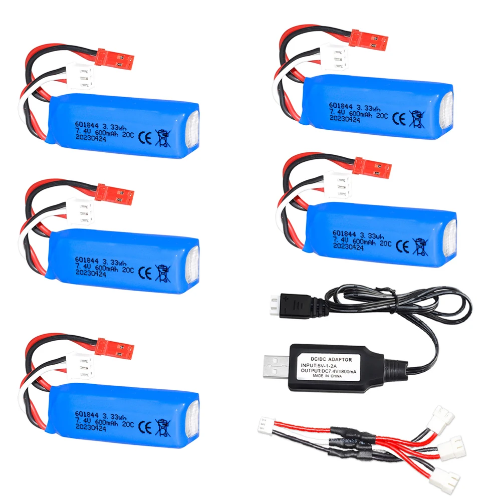 7.4V 600mAh Lipo Batterij en USB Lader voor WLtoys K969 K979 K989 K999 P929 P939 RC Auto speelgoed accessoires 2S 7.4v 601844   Batterij