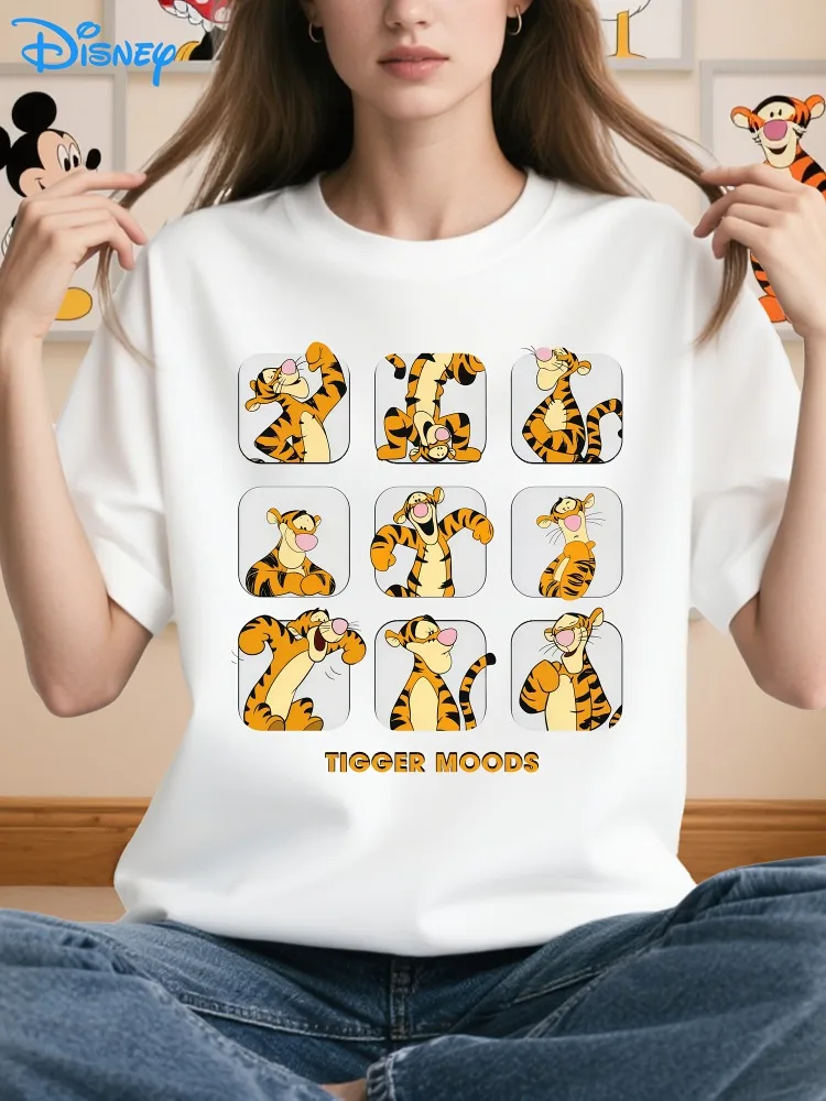 

Женская футболка с принтом тигра Диснея, мягкая футболка с круглым вырезом и коротким рукавом, повседневный модный топ, всесезонный стиль для отдыха и одежды для отдыха