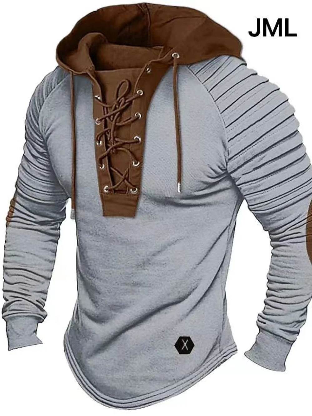 Men\'s Solid Color Casual T-shirt Top, Long Sleeved Shirt, Slim Fit Pleated Hood, Street Vacation Lace Up Patchwork Clothing