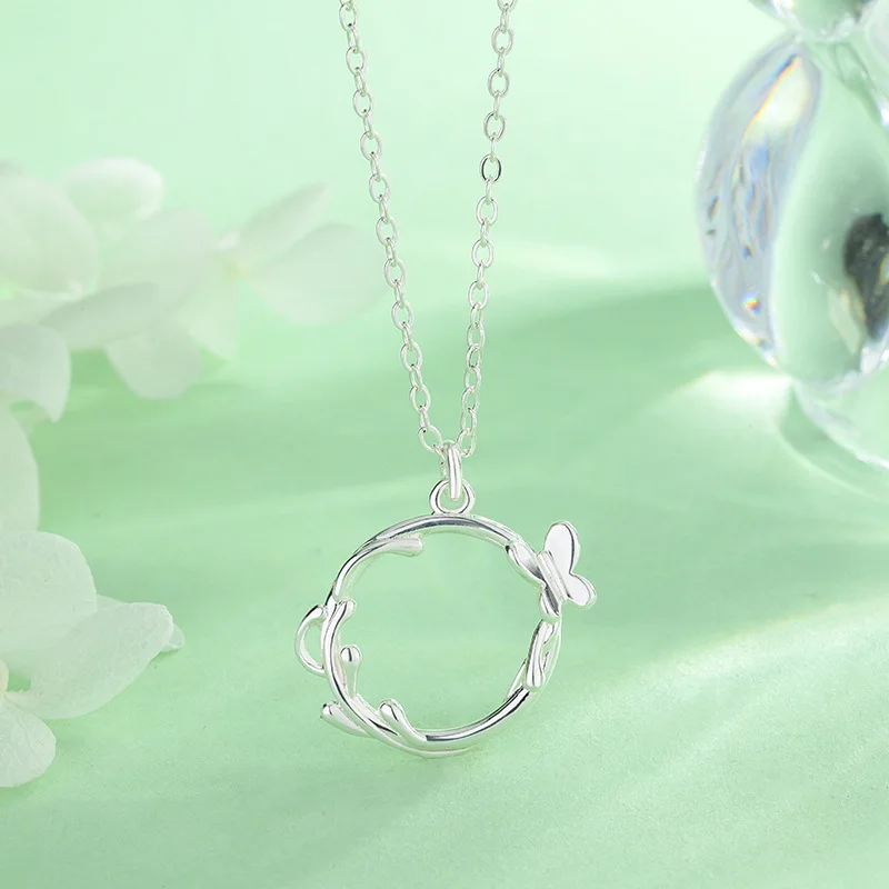 

Новый креативный цветок из стерлингового серебра 925 пробы, модные ювелирные изделия, милая бабочка, простая круглая ветка, кулон, ожерелья N020
