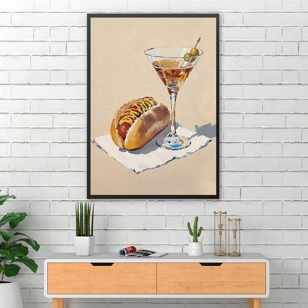 Martini Cocktail Crackers Hot Dog French Fries Painting Food Drink Art Poster Canvas Print Picture Kitchen Dining Room Decor