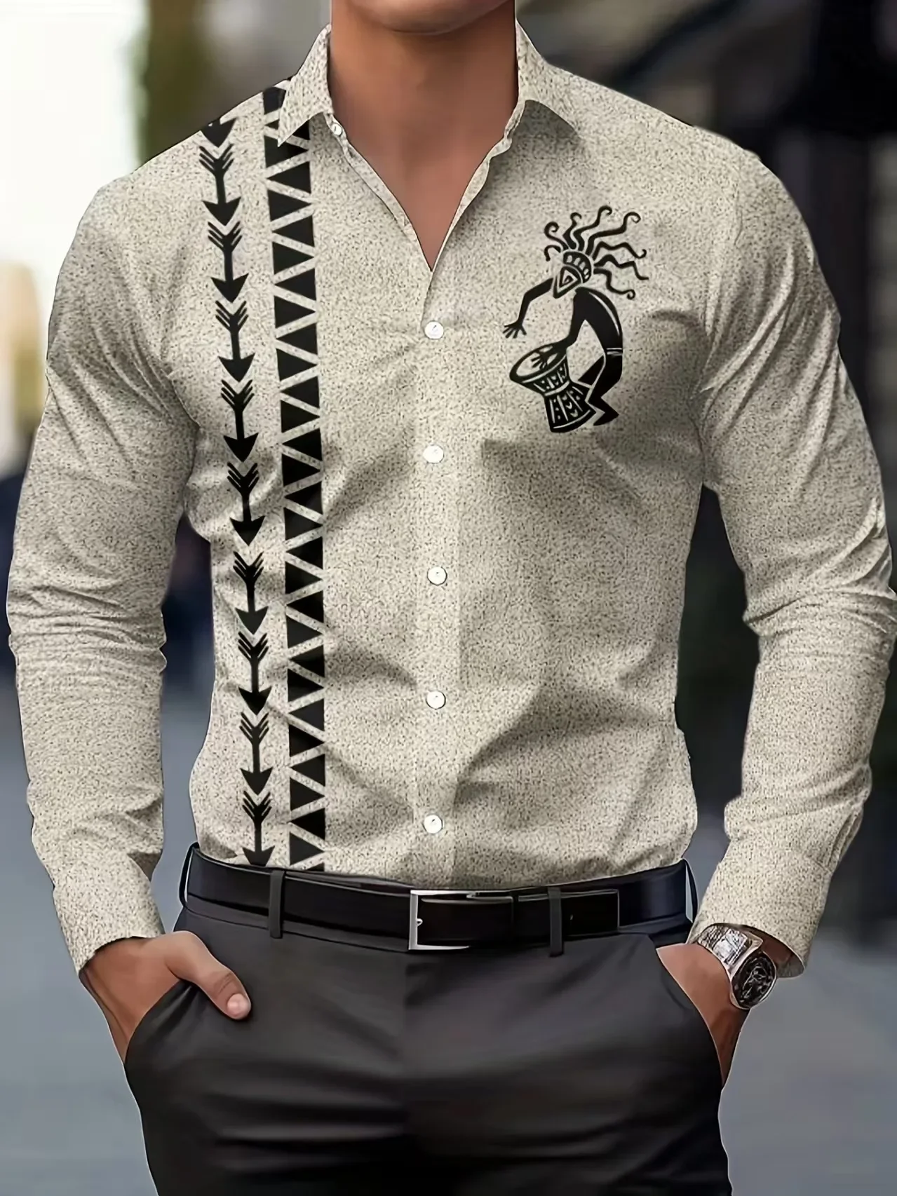 Ethnic Style Pattern Hawaiian Ethnic Wind Pattern Men's Shirt Men's Long Sleeve Simple Business Shirt Flower Comfortable Flap