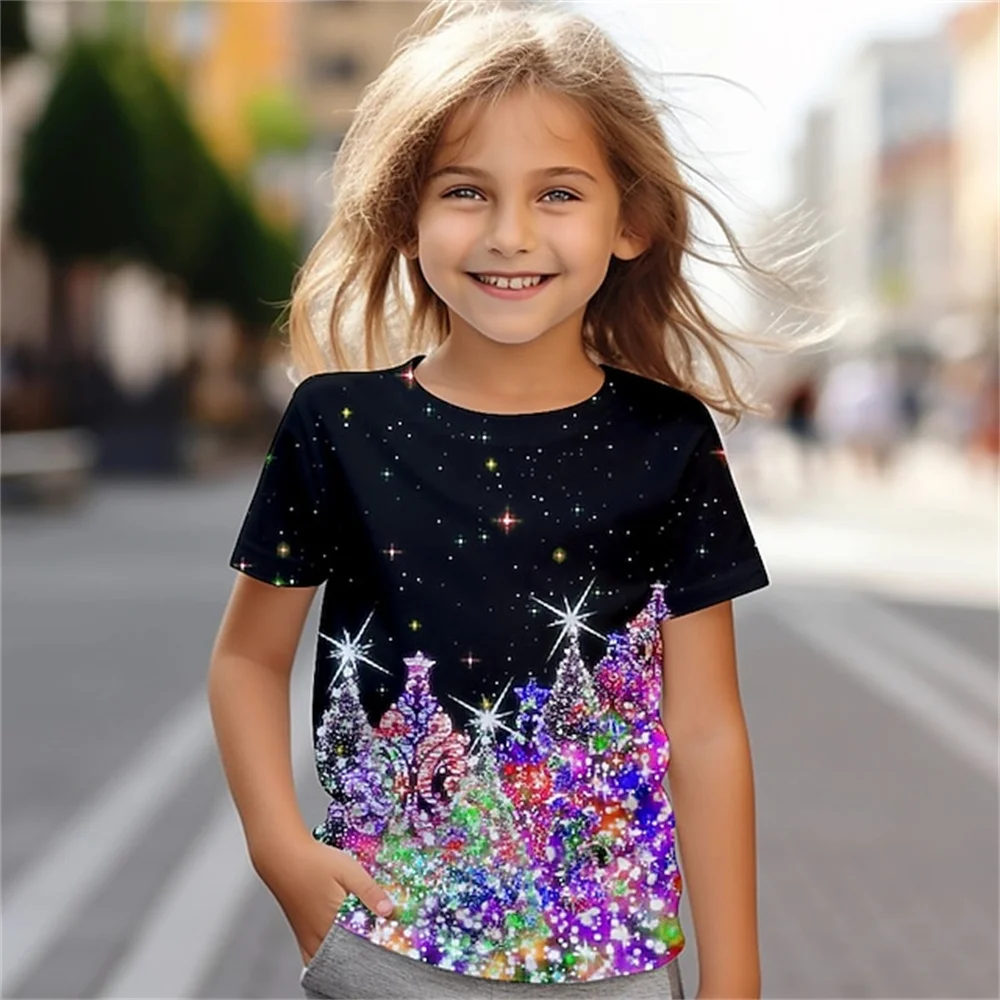 Árvore de natal impressão 3d t camisas verão novo casual camisetas do bebê bonito dos desenhos animados moda menina roupas de manga curta camisetas meninas topo