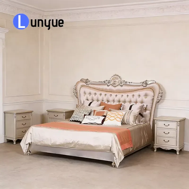 European Royal Style Queen Bed Hand Carved Solid Wood Frame Luxury Tufted Satin Upholstered Bedroom Furniture Set Elegant
