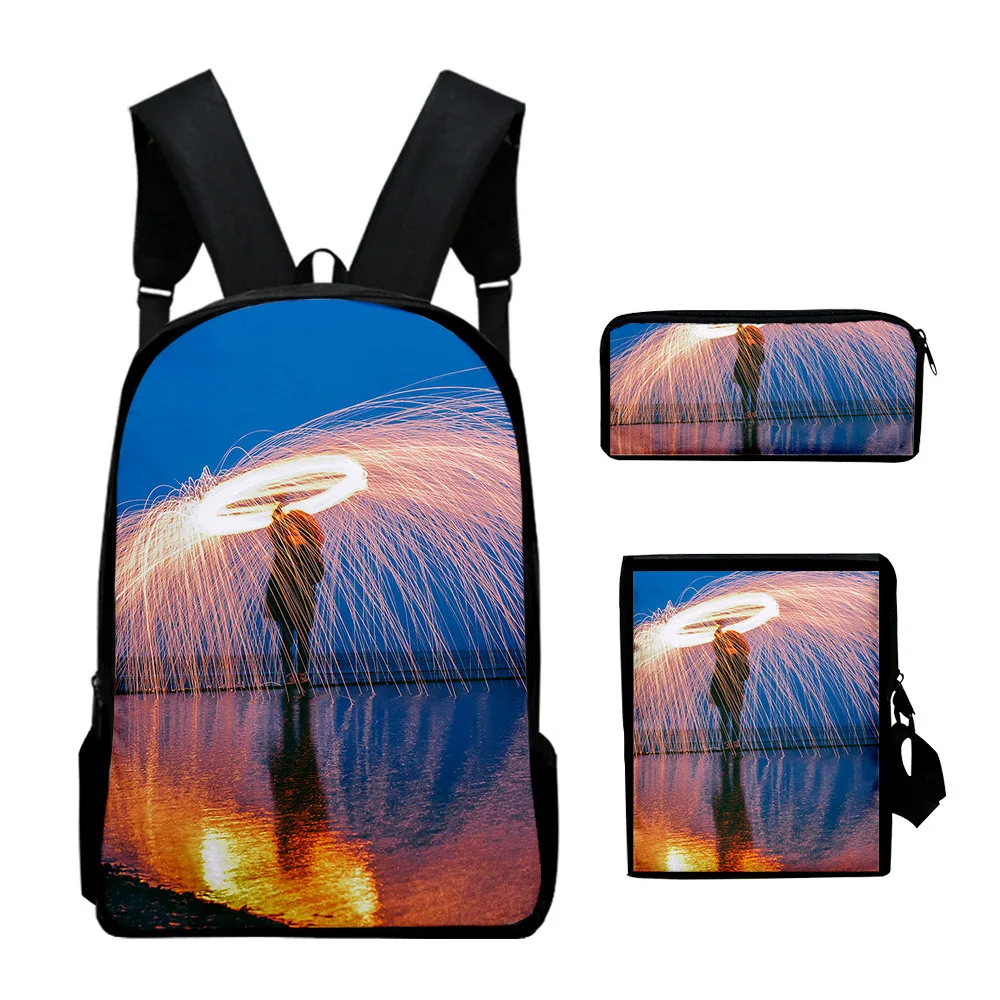 Harajuku Youthful Funny Flame aperture 3D Print 3pcs/Set Student Travel bags Laptop Daypack Backpack Shoulder Bag Pencil Case