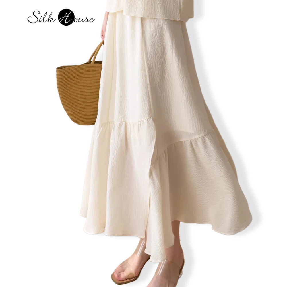 

Elegant 100% Natural Mulberry Silk Bubble Wrinkled (lined with Human Cotton) Irregular Overlapping Women's White Fishtail Skirt