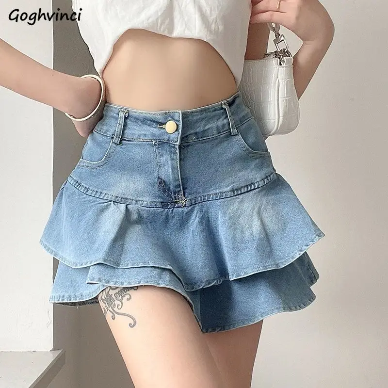 

Denim Cake Skirts Women Ruffles Chic Popular High Waist Young All-match Korean Fashion Students Ins Summer Leisure Streetwear