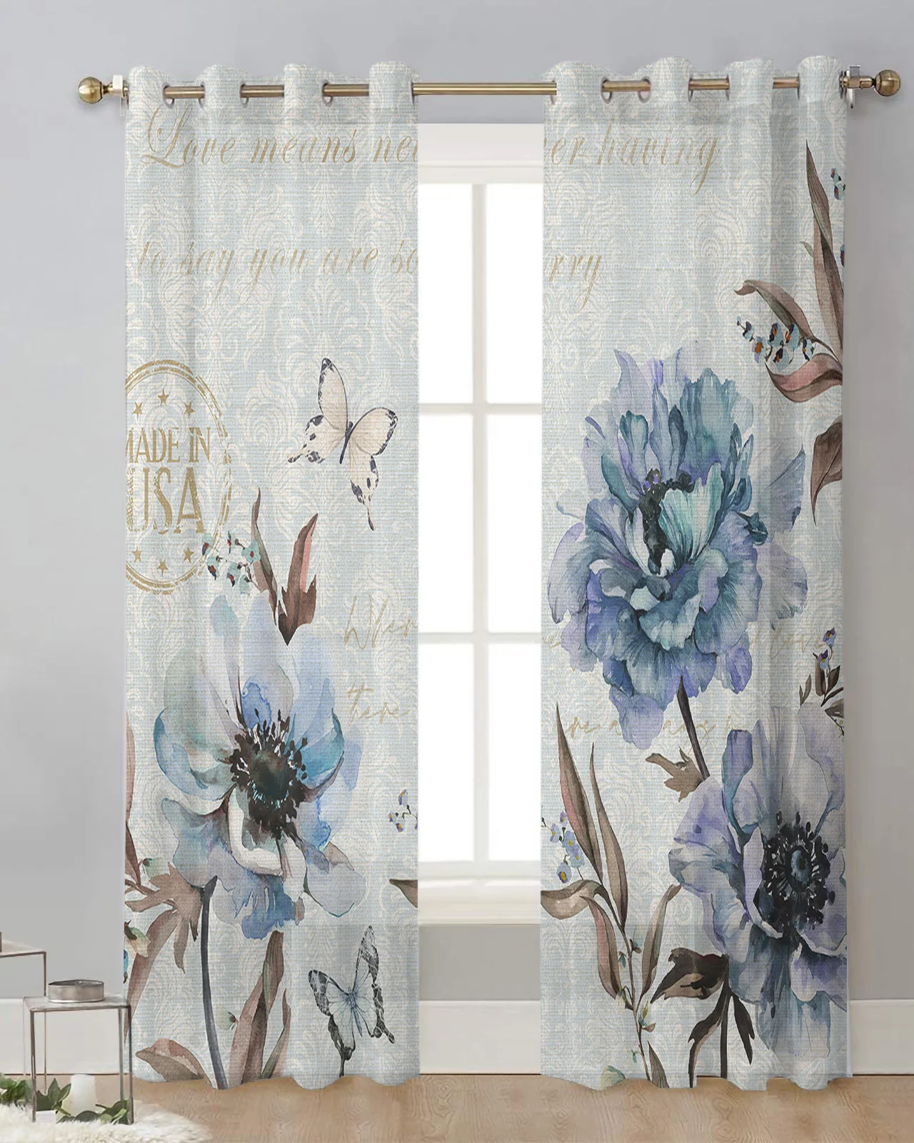 

Retro Flower Butterfly Blue Peony Sheer Curtains for Living Room Printed Tulle Window Curtain Luxury Home Balcony Decor Drapes