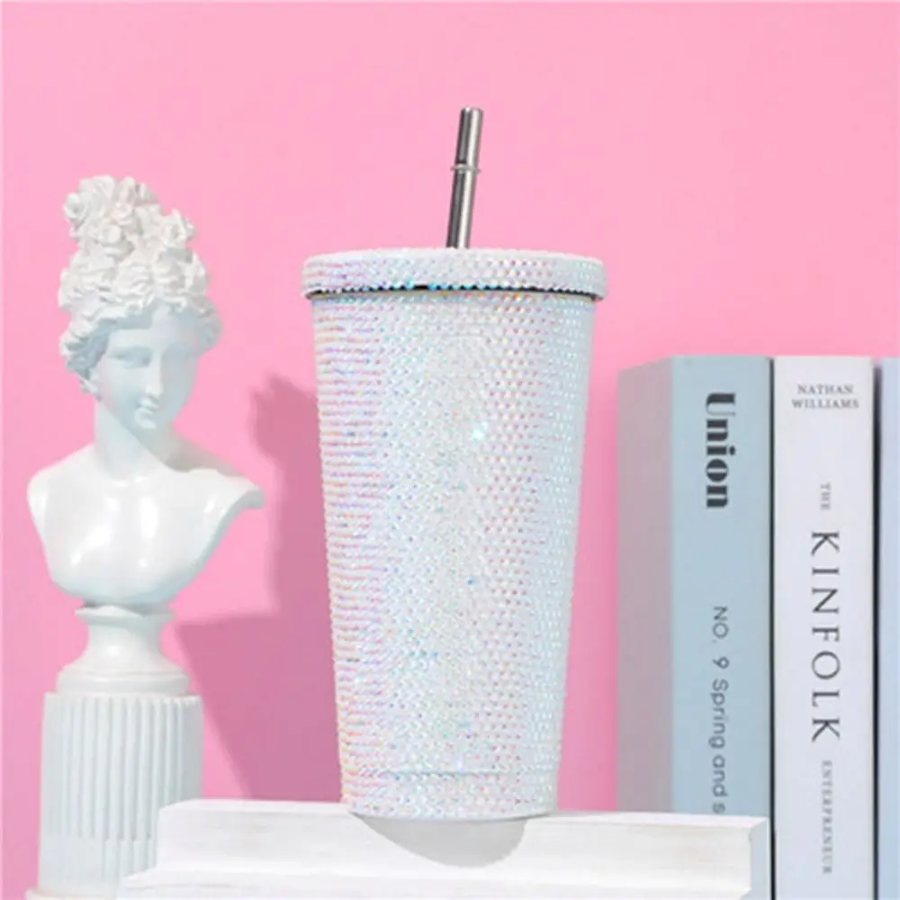 500ml/750ml Rhinestone Thermos Bottles Insulated Shining Glitter Coffee Cup Double Layer with Lid Straw