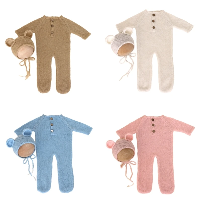 

Newborn Photo Props Mohair Bear Costume Bonnet Hat Baby Footed Romper PhotoShooting Clothes Photostudio Accessory 2PCS