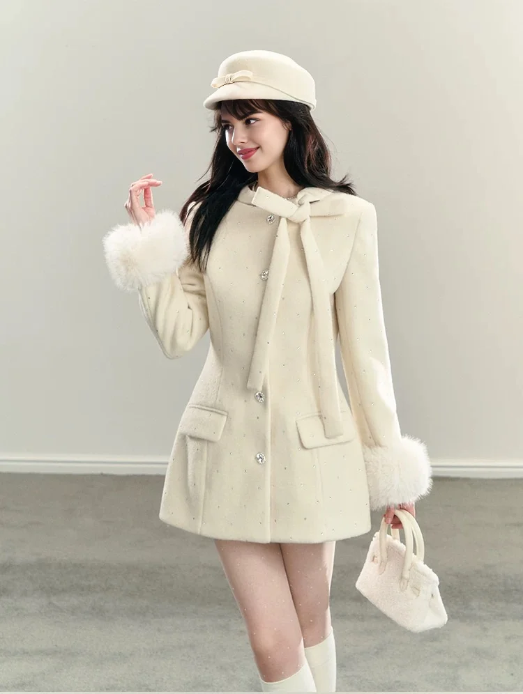 Women Winter Elegant Korean Fashion Style Fluffy Bow Rhinestone Long Woolen Coats Coquette Shoujo girl Dresses Cutecore Clothes