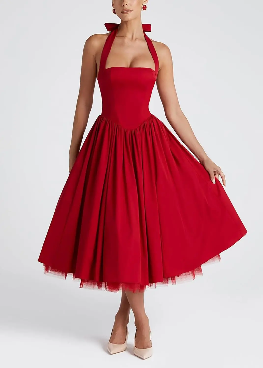 

Women's Summer Halter Low Cut Sleeveless A-Line Tulle Dress Tea Length Swinging Corset Formal Ball Gown for Prom