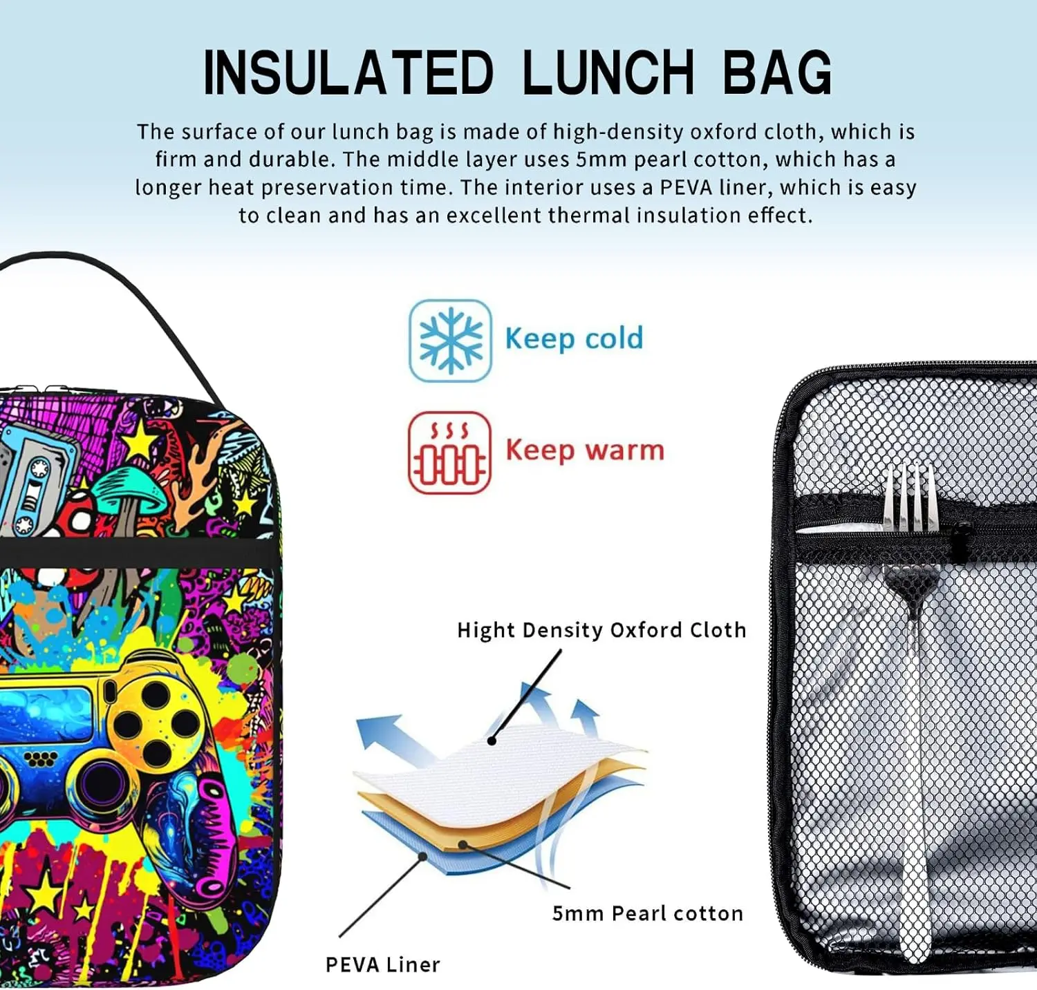 Video Game Lunch Box Gamepad Insulated Lunch Bag Reusable Cool Gamer Slogan Game Theme Lunch Box With Adjustable Shoulder Strap,