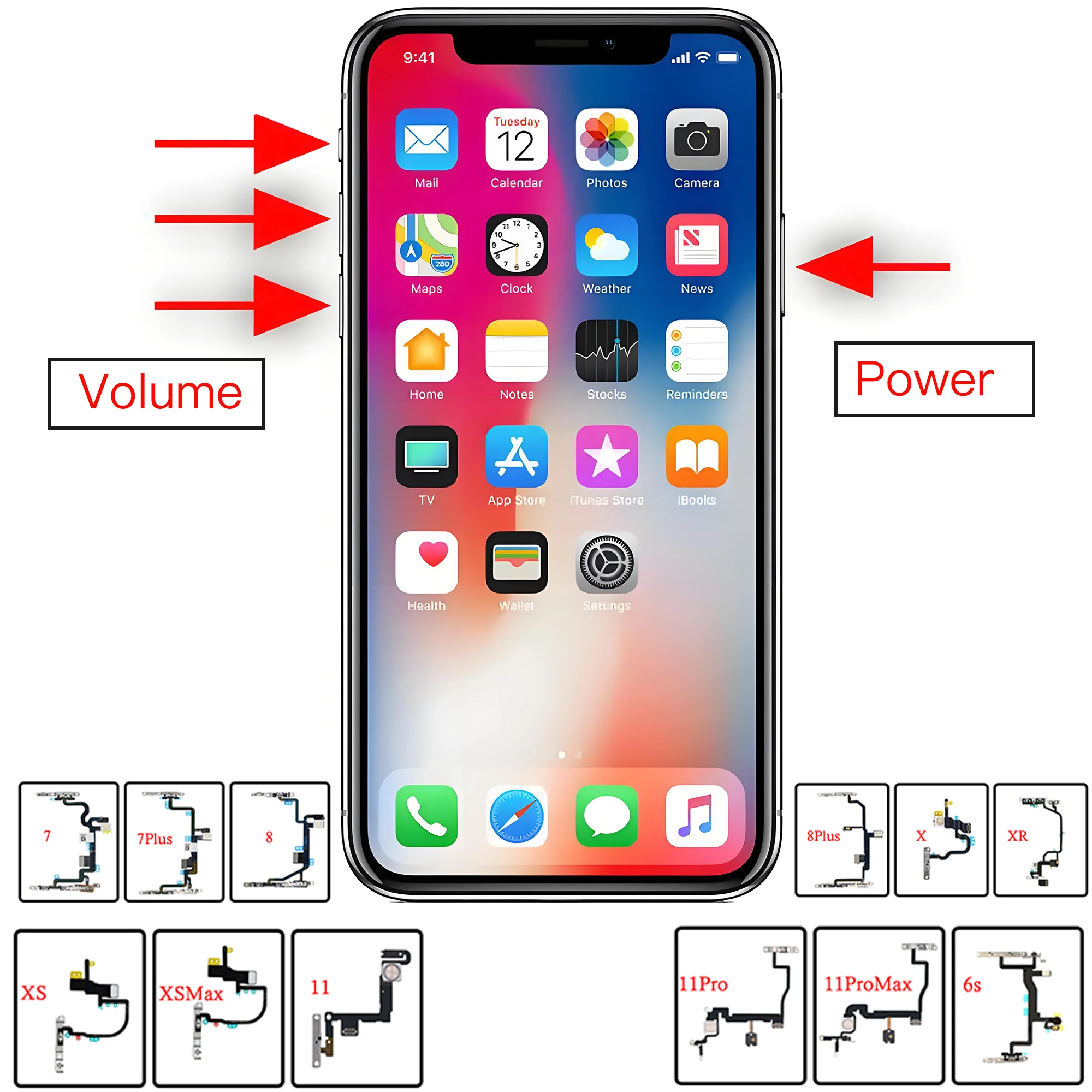 

Кнопка питания с подсветкой и гибким кабелем для iPhone 6S 7 8 Plus X XR XS 11 Pro Max, ремонт, замена
