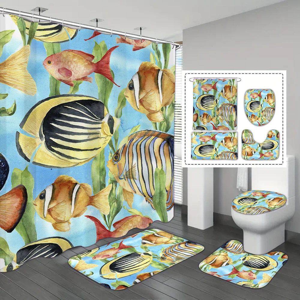 4-piece set of Tropical fish pattern waterproof shower curtain with 12 hooks, waterproof printed curtain, bathroom floor mat