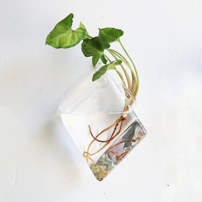 F 6pcs/pack 12*16cm Rhombus Shaped Wall Mounted Glass Terrarium Vase  Wedding Live Prop DIY Hanging Container