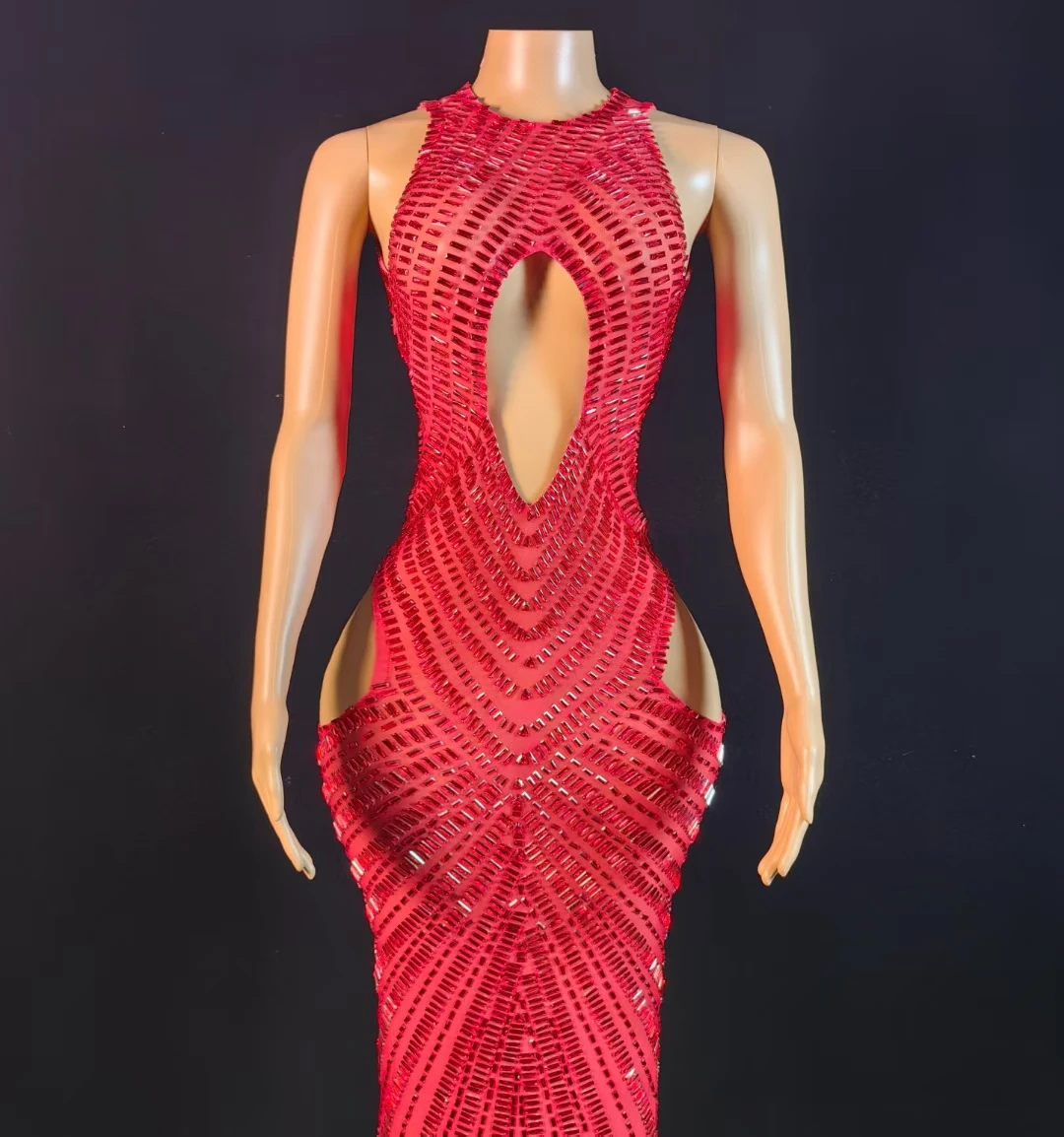 Fengwomei-vestido de noche calado de corte bajo, vestido largo Sexy con diamantes de imitación brillantes, traje elegante para mujer para Festival y celebración en discoteca