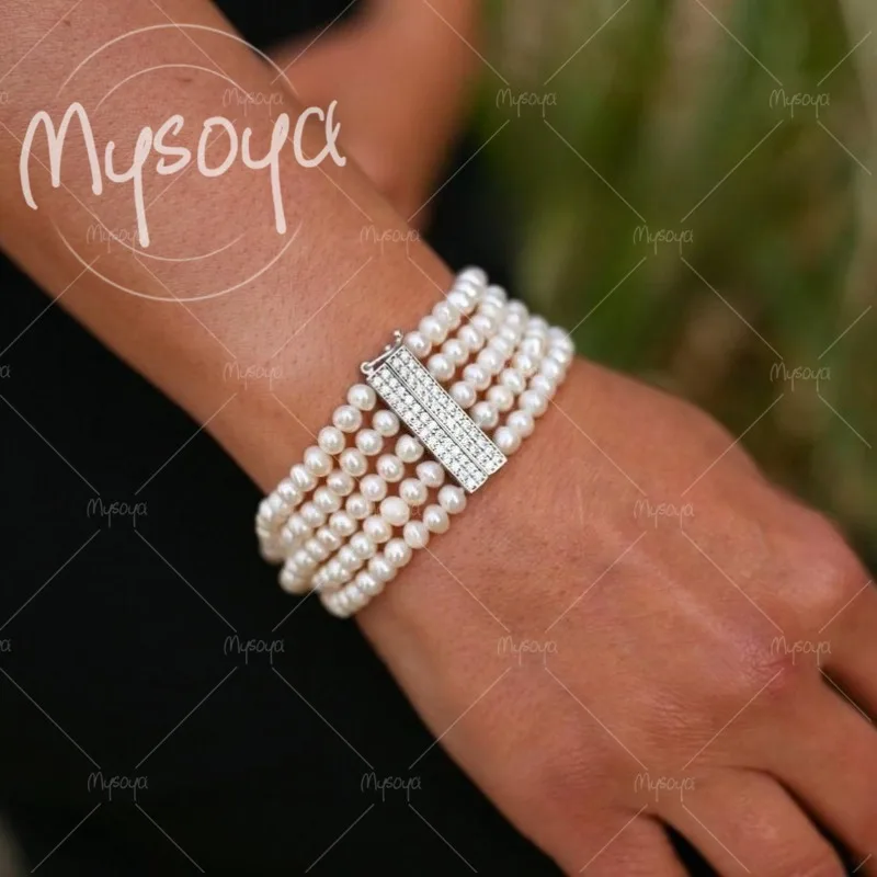 MYSOYA 3-4mm Five-layer White Freshwater Pearl Bracelet with Gift Box, for Him/ Her, Suitable for Birthday/ Wedding Gift A0260