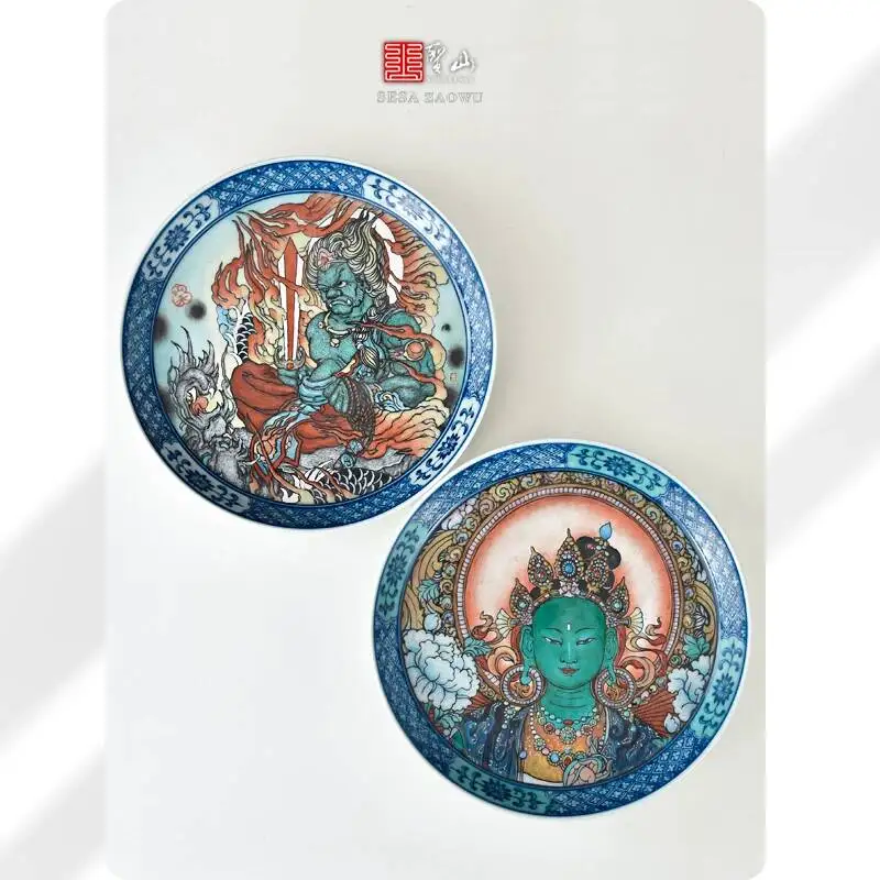 Sacred Mountain X Designer Blue And White Tangka Pastel Hand-Painted Teapot Serving Set Accessories Tea Tray