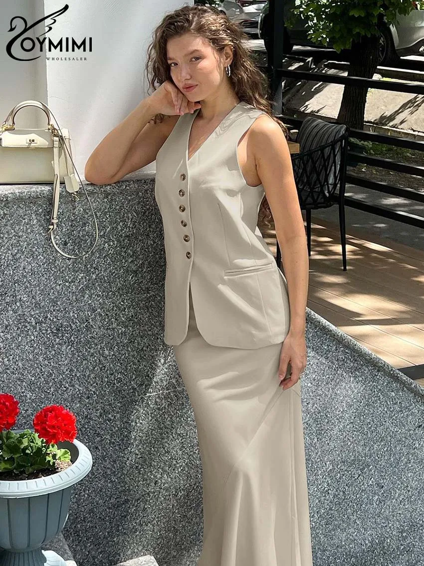 Oymimi Casual Khaki Sets For Women 2 Pieces Elegant V-Neck Sleeveless Button Tank Tops And Simple Solid Slim Straight Skirts Set