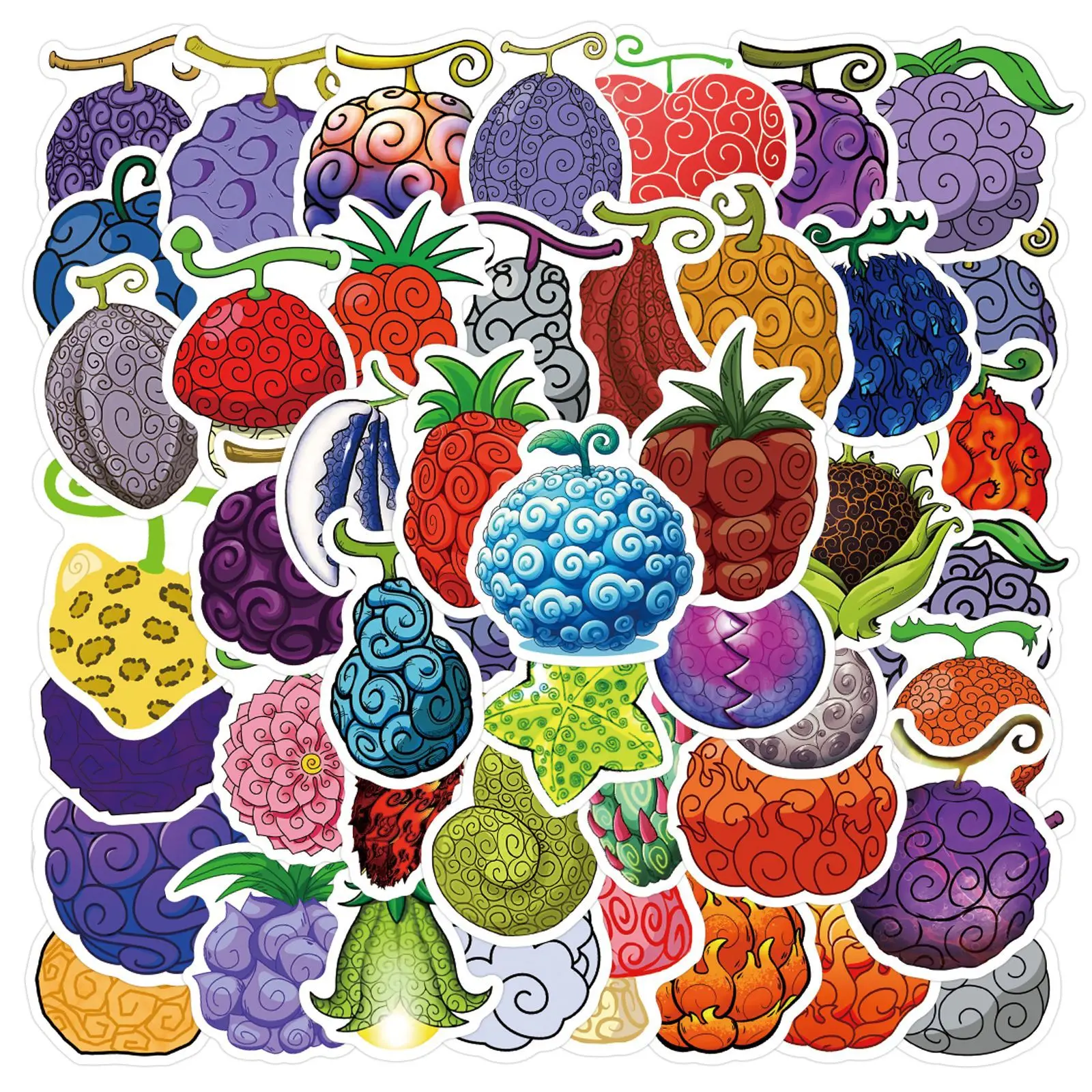 60 pegatinas impermeables de anime de One Piece con frutas del diablo, ideales para decorar equipaje, teléfonos, guitarras, tazas y álbumes de recortes.