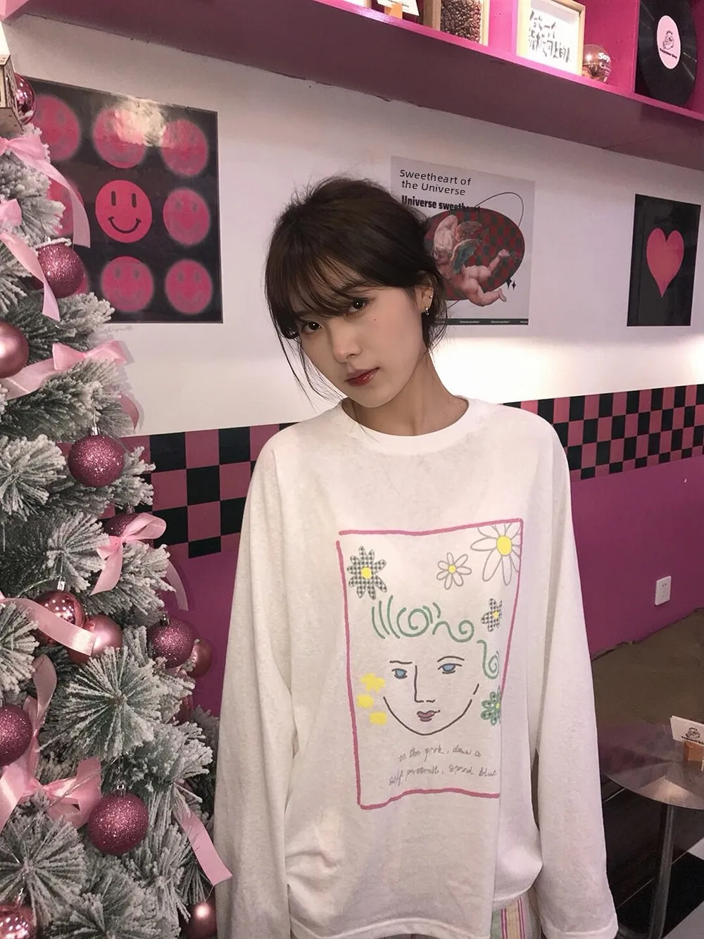 Sakura Lazy Girl Thin Micro Translucent Long Sleeve T-Shirt Printed Grass Picture Loose Casual Top Women's Spring Summer Cotton
