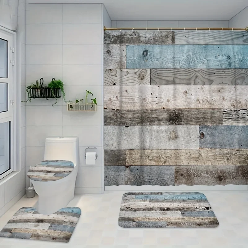 

4 шт., набор занавесок для душа с деревянным принтом, водонепроницаемые занавески для душа с 12 крючками, нескользящий ковер, коврик для крышки унитаза, U-sha