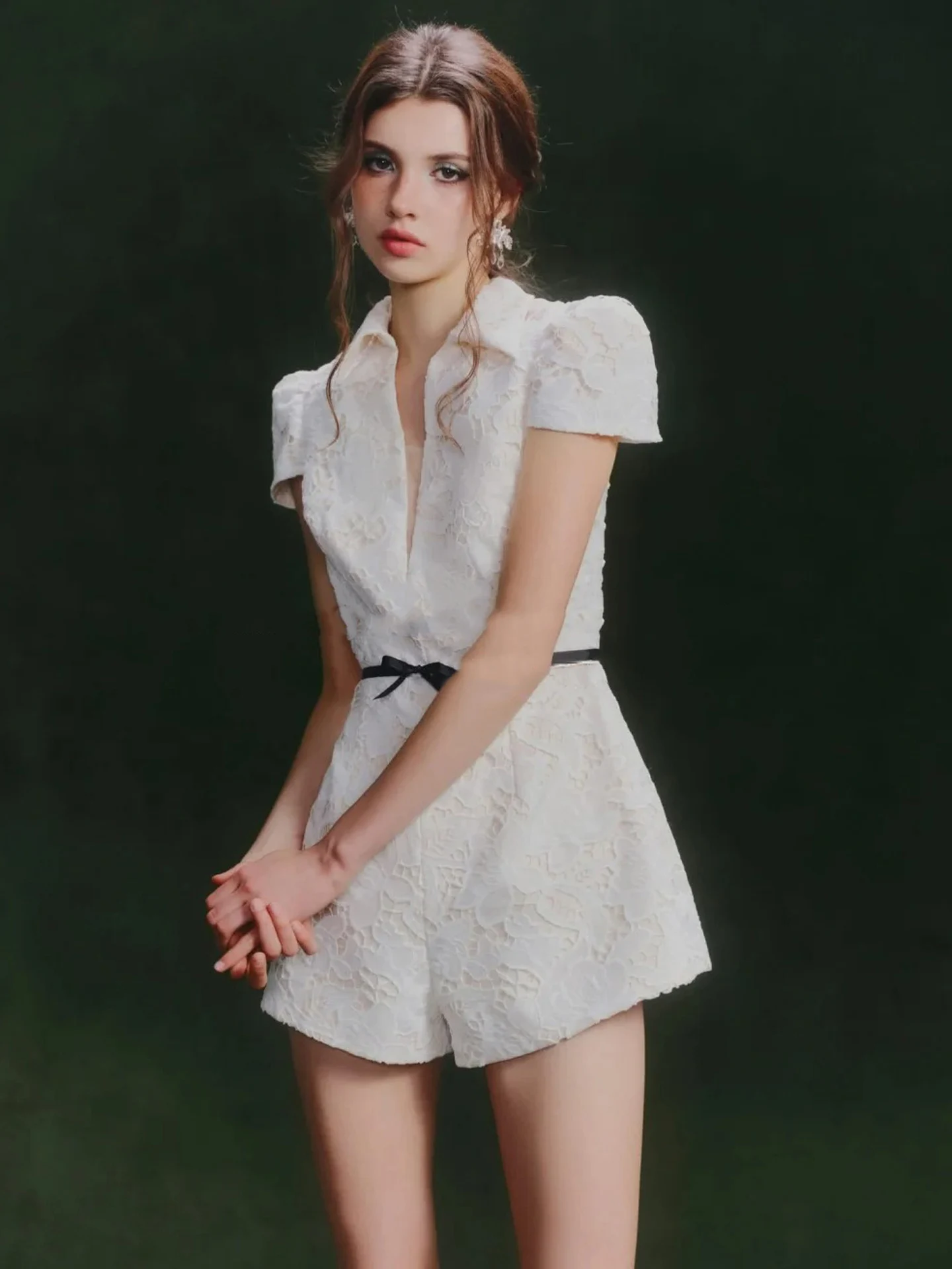 

Sweet White Embroidered Slimming One-Piece Summer Pants for Women High Waist Hollow out Design Commute Sle Polyester Fiber