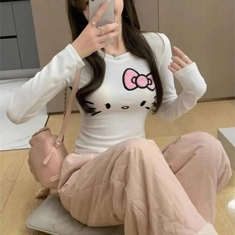 Sanrios Hello Kitty Long Sleeve T-Shirt for Women Cute Cartoon Spring New Printed Women Tees Korean Sexy Slim Tops Trend Clothes