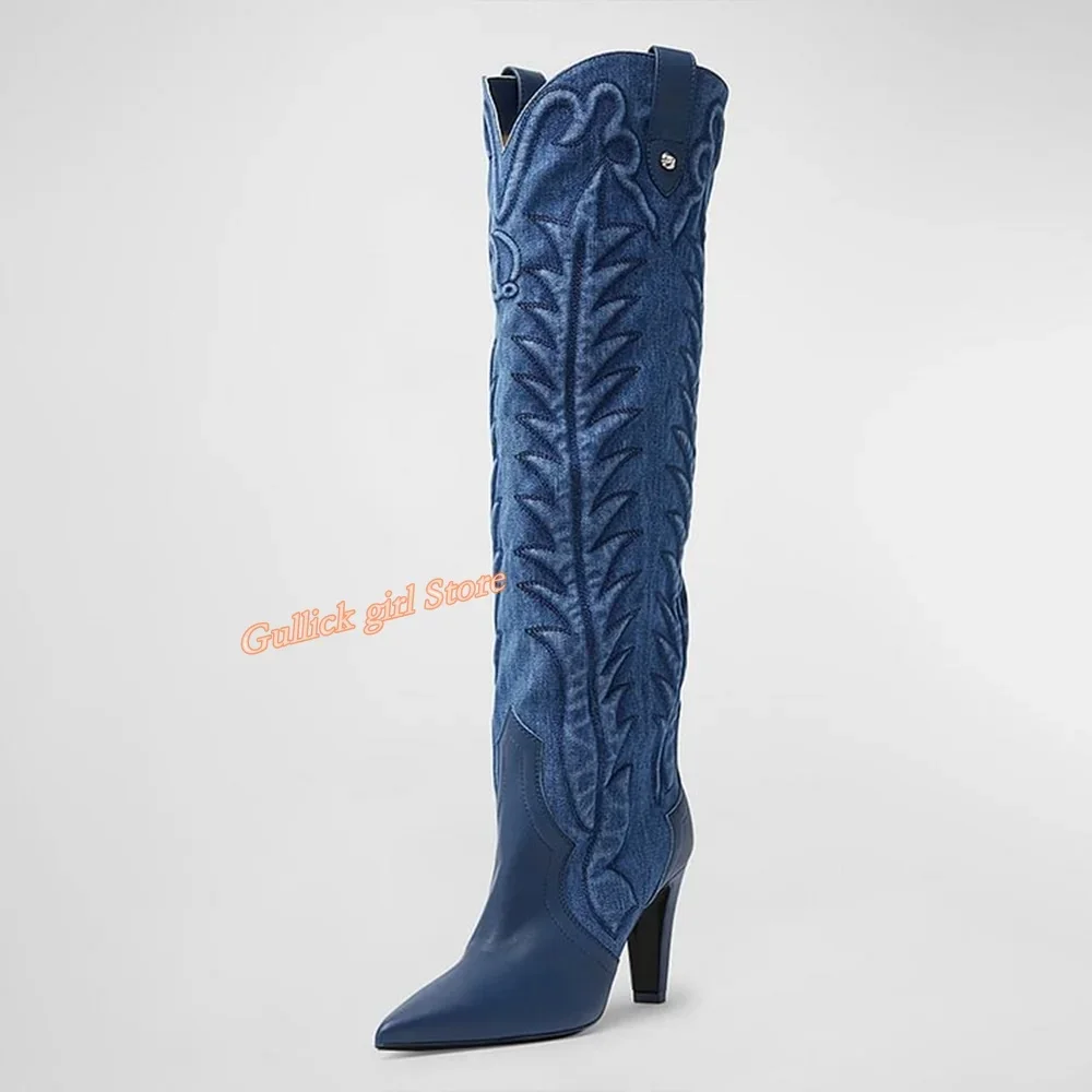 

Blue Denim Pointed Toe Stitch Boots Detailing Chunky Heel Knee High Tan Vegan Cowgirl Boots Pointy Toe Runway Women Dress Shoes