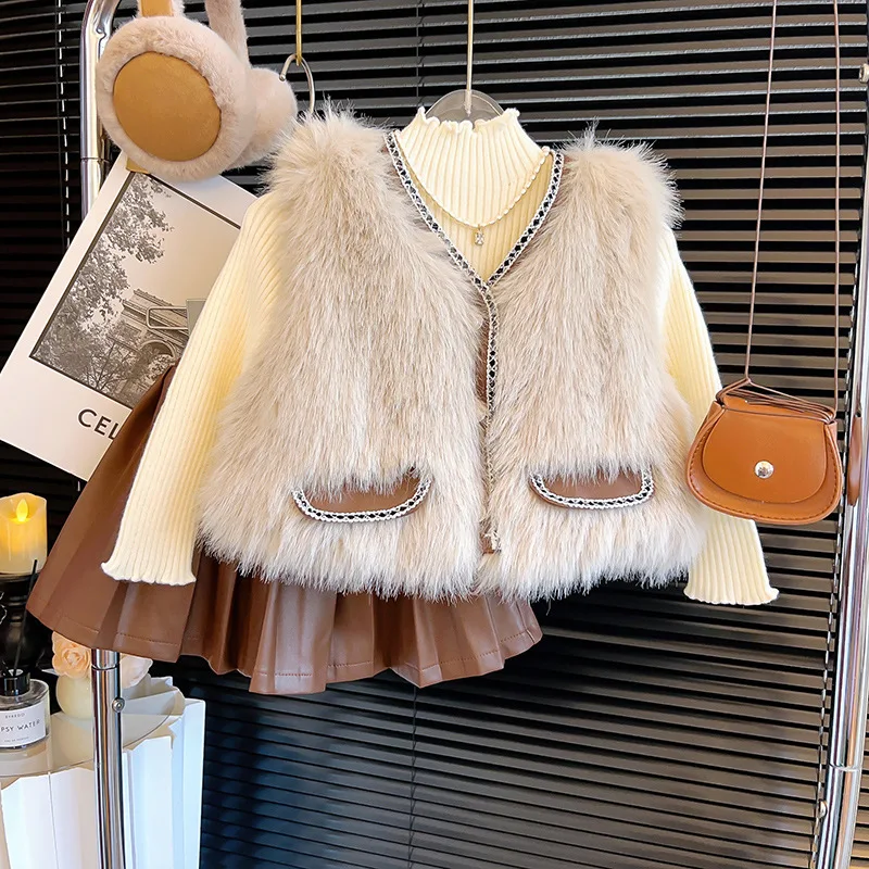 Girls\' Coat Winter New Baby Hair Sweater Fashion Winter Luxury and Westernized Middle School Children\'s Vest Fur Vest  Waistcoat