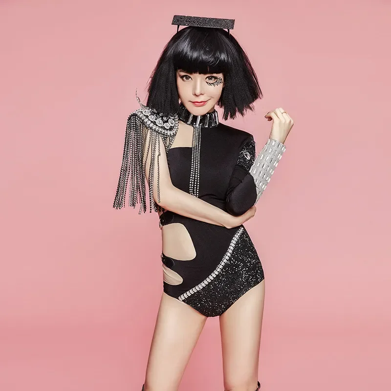 New Sexy Hollow Out Rhinestones Tassel Bodysuit For Singer Dancer Bar Concert Performance Clothes Party Show Dance Costume