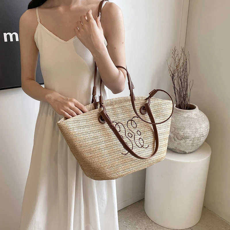 Large Capacity Summer Straw Women\'s Handbag Luxury Designer Underarm Shoulder Bag Fashion Brand Travel Shopping Lady Casual Tote