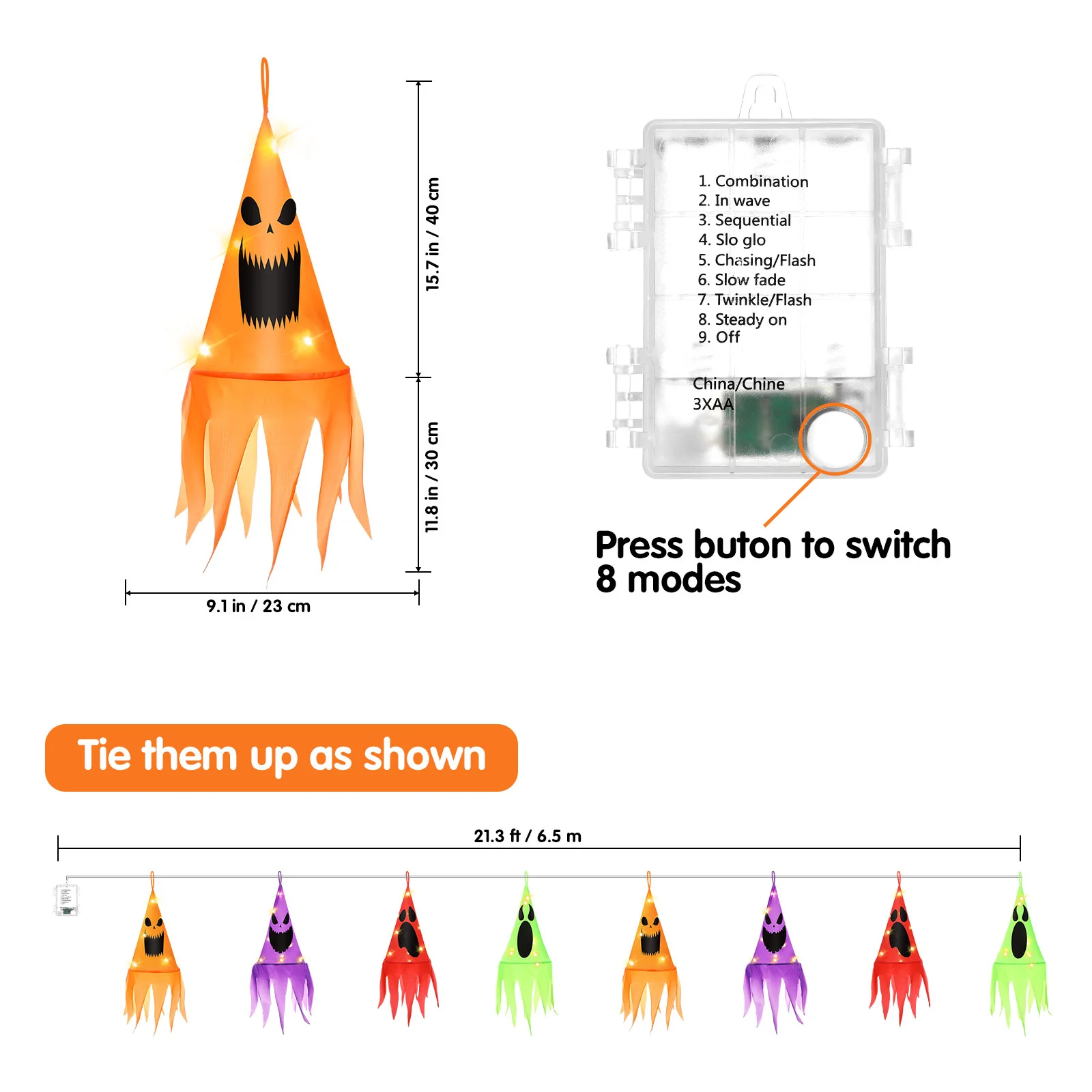 Sombrero de bruja escalofriante, sombreros iluminados, luces al aire libre para la casa, cuerda interior colgante, tafetán de poliéster, decoraciones de Halloween, fantasma