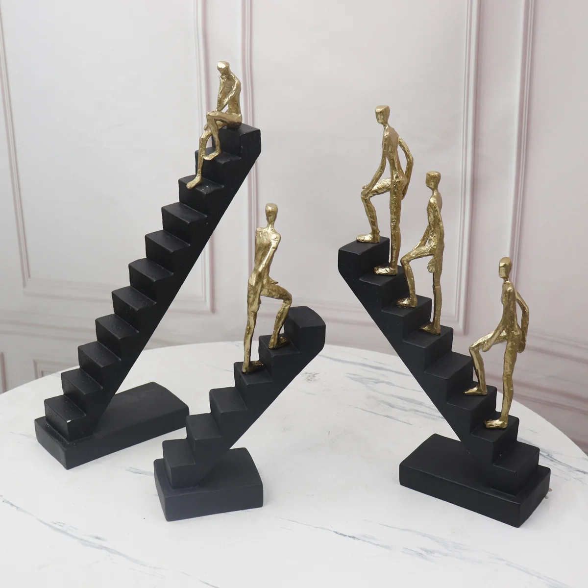 Modern Black Gold Staircase Figure Sculpture Minimalist Creative Decor for Living Room