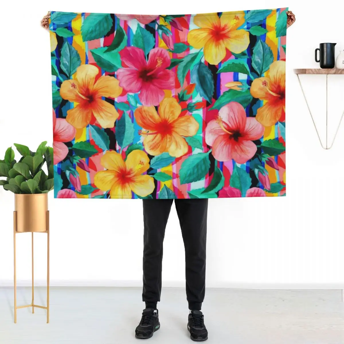 OTT Maximalist Hawaiian Hibiscus Floral with Stripes Throw Blanket Picnic For Baby Quilt Large Multi-Purpose Soft Beds Blankets