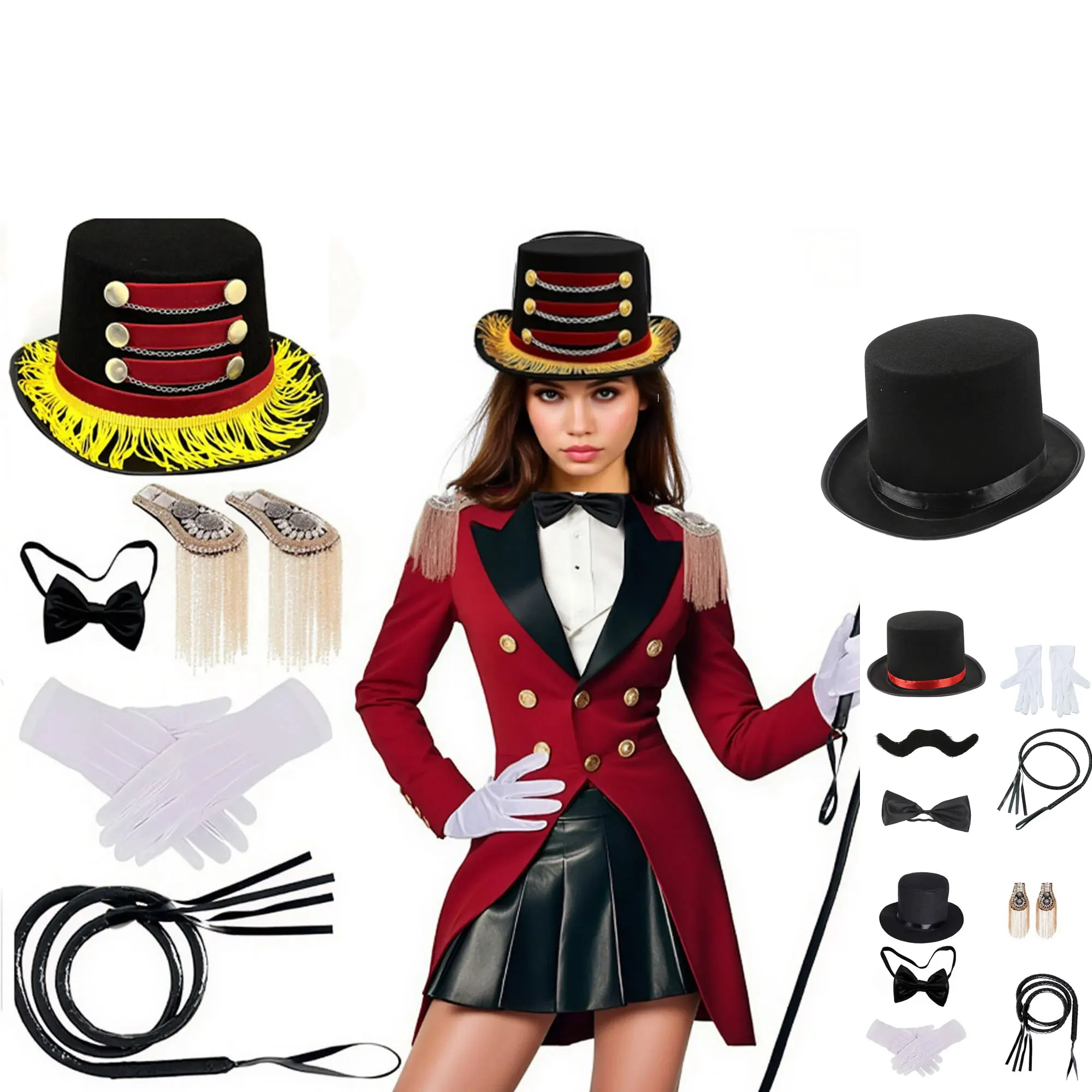 Halloween Ringmaster Roleplay Costume accessoire Kit Fedoras haut-de-forme épaulettes nœud papillon fouet gants adulte magique scène Performance