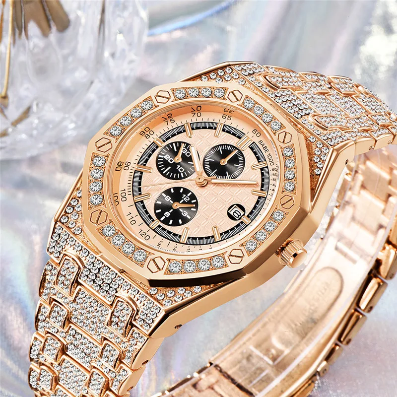 Men Genuine Brand Golden Luxury Watches Fashion Alloy Band Hip Hop Diamond Date Quartz Vintage Watch Montres de Marque de Luxe